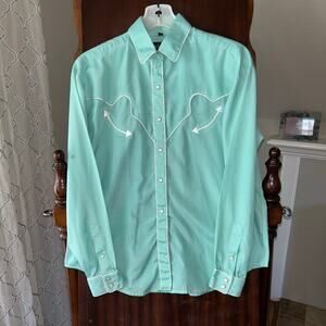 WHITE HORSE WOMENS Medium RETRO WESTERN SHIRT Teal White long sleeve pearl snap
